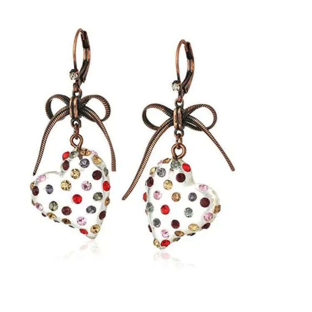 Stone Lucite Heart Drop Earrings Delicate Bow Mixed Multi-Colored